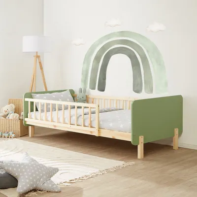 Produktbild von Homestyle4u Kinderbett 90x200 mit Rausfallschutz Holzbett Grün mit Lattenrost Kiefer Massivholz