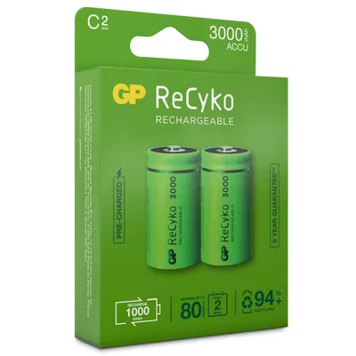 Produktbild von GP Batteries ReCyko, Wiederaufladbarer Akku, C, Nickel-Metallhydrid (NiMH), 1,2 V, 2 Stück(e), 3000 mAh