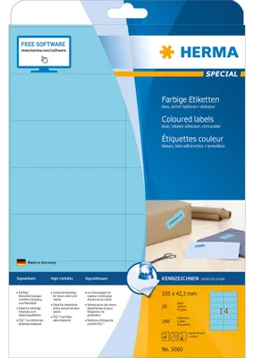 Obrázok produktu pre HERMA Special - Papier - matný - permanentne samolepiaci - modrý - 105 x 42,3 mm 280 štítkov (20 listov x 14)