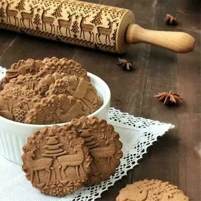 Produktbild von Weihnachten Nudelholz Gravierte Elch Präge Teigroller Drehnudelholz Teigrolle