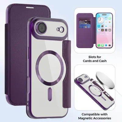 Image de Étui pour iPhone Air compatible avec MagSafe, étui transparent avec porte-cartes, étui en cuir avec protection pour l'appareil photo - Violet