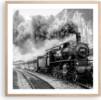 Produktbild von Gerahmtes Poster - Rahmen in heller Eiche - Zug Schwarzweiß Rauch - 60x60 cm - Wand Bild - Wanddeko - Wandbilder - Wandposter - Bilderrahmen - Bilder - Kunstdruck - Wandbild - P2NAC60x60-4315