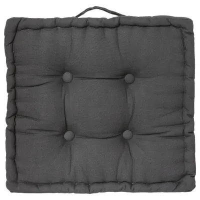A dark gray floor cushion is shown from a top-down perspective against a white background.