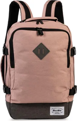 A pink backpack with black accents and straps is shown against a white background.