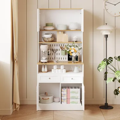Image de OKWISH Buffet de Cuisine avec 2 Tiroirs et 4 Portes - Meuble de Rangement pour Cuisine ou Salon - en Panneaux de Particules et MDF - Blanc et Naturel