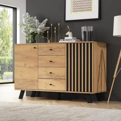 Produktbild von Merax Sideboard 120×38×75cm mit Massivholzbeine, Kommode mit 4 Schubladen und 2 Schränken, Holzoptik mit schwarzem Akzent, Wohnzimmer Esszimmer Flur