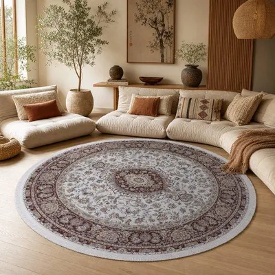Immagine prodotto di Tappeto rotondo Unyqoos® – tappeto orientale classico, diametro 160 cm, color crema e rosso, 100% poliestere, pelo corto, lavabile in lavatrice, retro antiscivolo