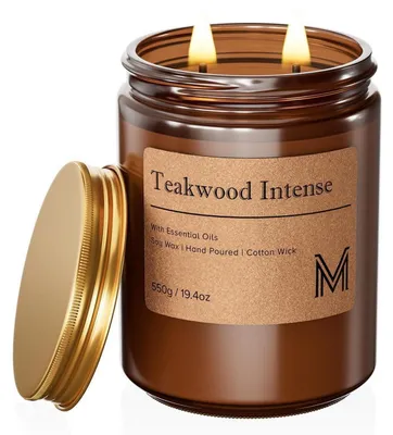 Productafbeelding van Geurkaars in glazen vaas, teakwood geur, intens, 550g, met 2 lonten, brandduur 110 uur, sojawas
