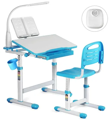 Produktbild von Zimilo Höhenverstellbarer Kinderschreibtisch mit Stuhl, Kippbarer Tischplatte, Ergonomisches Design mit LED-Lampe, Schublade & Taschenhaken