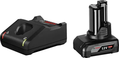 A black battery charger and a black 12V battery are shown side-by-side against a white background.