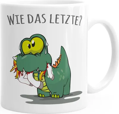 Produktbild von Kaffee-Tasse Fun Motiv kleiner Dino frisst Einhorn Spruch "Wie das Letzte?" Bürotasse lustige Kaffeebecher weiss Keramik-Tasse MoonWorks® weiß Keramik-Tasse