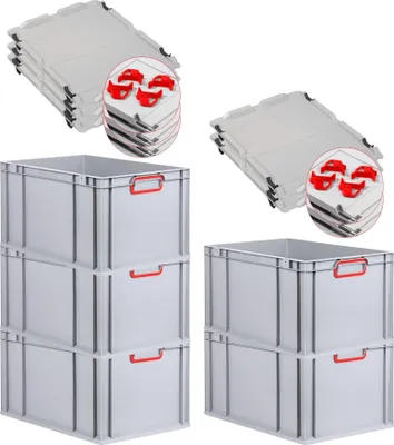 Immagine prodotto di Set risparmio 5x Eurobox NextGen Color con coperchio e chiusure a scatto | A x L x P 32 x 40 x 60 cm | 65 litri | Grigio | Maniglie rosse chiuse | Fondo rinforzato | Contenitore Euro, contenitore da trasporto, contenitore da trasporto, contenitore impilabile