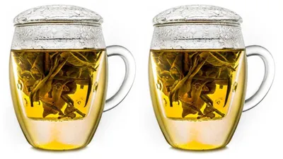 Produktbild von Creano 2er-Set "All in One" TeeGläser mit Glasfilter und Deckel im praktischen, ein idealer Teebereiter | 400ml