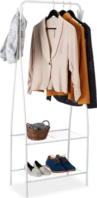 Produktbild von Relaxdays Kleiderständer Metall, 2 Ablagen & 4 Haken, Kleiderstange, Flur & Ankleidezimmer, HBT 158 x 60 x 33 cm, weiß