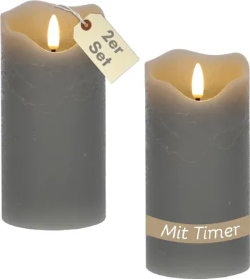 Produktbild von 2er Set LED Echtwachskerzen mit Timer Led Kerzen mit Timerfunktion und flackernde Flamme Led Echtwachs Stumpenkerzen flackernd 7,5 x 15 cm Grau