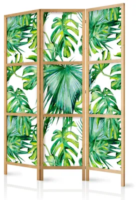 Produktbild von Muralo Japanischer PARAVENT 3-teilig Raumteiler klappbar PREMIUM-Vliesleinwand TROPISCHE BLÄTTER für Wohnzimmer 135x172