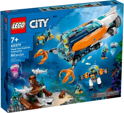The image shows the box of a LEGO City Deep-Sea Explorer Submarine set, with an underwater scene depicted on the box.