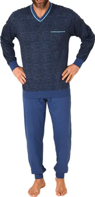 Produktbild von Herren Pyjama langarm mit Bündchen in eleganten Minimalprint - auch in Übergrössen ; marine , 48