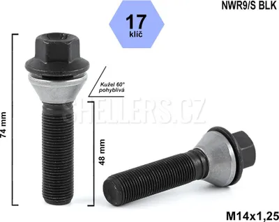 Obrázok produktu pre Skrutka kolieska M14x1,25x48 s kužeľom pohyblivá čierna, kľúč 17, C17F48-MW-BLACK, výška 74 mm