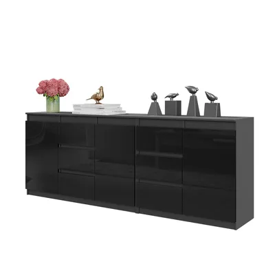 Zdjęcie produktu dla Komoda 200Cm Antracyt/ Czarny Połysk 6 Szuflad 3 Drzwi 3 Półki Zestaw,Salon