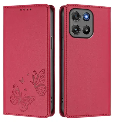 Image de Étui en cuir pour Motorola Moto G57/G57 Power/G67 Power, étui de protection type portefeuille en cuir gaufré « papillon » avec support, rouge