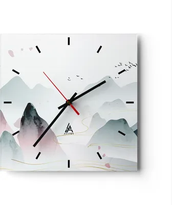 Produktbild von Wanduhr - Quadrat - Glasuhr - Berge Vögel Modern - 30x30cm - Schleichendes Uhrwerk - Lautlos - zum Aufhängen bereit - Dekoration Modern - Wanddekoration aus Glas - C3AC30x30-4822