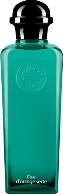 A product shot of a teal colored perfume bottle with a black cap.