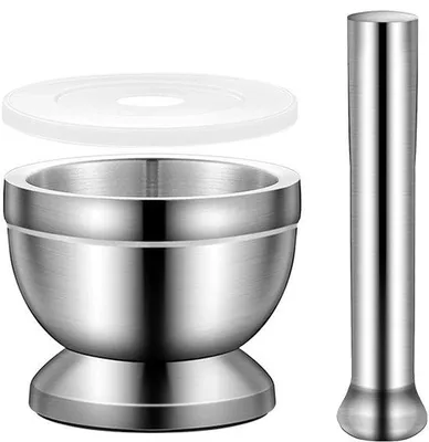 Produktbild von Famanu Mörser und Stößel Set mit Löffel und Silikondeckel - 10 cm Durchmesser