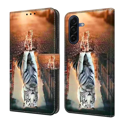 Produktbild von CLM-Tech Handyhülle kompatibel mit Samsung Galaxy A17 5G Hülle - Tasche aus Kunstleder - Klapphülle mit Ständer und Kartenfächern - Schutzhülle Wallet Case Cover Katze weißer Tiger