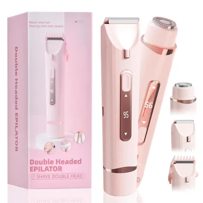 Imagen del producto de Afeitadora eléctrica 2 en 1 para mujeres, con cabezal doble, ideal para la zona íntima, para rostro, piernas y brazos. Depiladora eléctrica para zona del bikini. Carga mediante USB-C. Color rosa