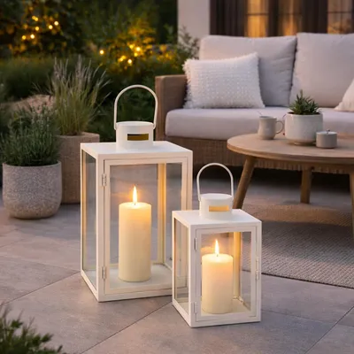 2er Laternen Set Gartenlaterne Windlicht Metall Cremeweiß ca. H30/41cm 70