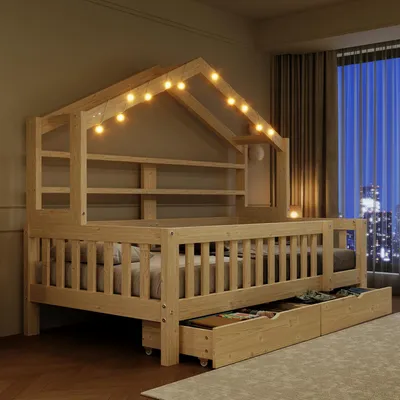 Productafbeelding van Bed met verhoging, 90x200 cm, met LED-verlichting, 2 lades en beschermroosters. Kinderbed met een frame van grenenhout en MDF, in natuurlijke kleur