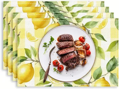 Produktbild von 4 Stück Platzdecken mit Zitronenmotiv, 30x45cm, abwaschbare Tischsets aus Leinen für den Sommer