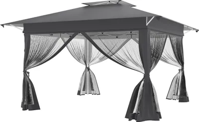 Produktbild von YRHome 4x4 m Pop-Up Pavillon, Ein-Knopf Schnellaufbau, Doppeldach & Lüftung, Moskitonetz, wasserdicht & UV-Schutz, mit Seitenteilen, inkl. Tragetasche – Anthrazit