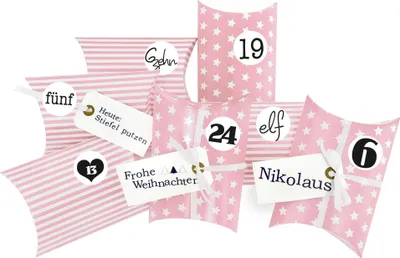 Produktbild von DIY Adventskalender Christkind zum Befüllen rosa Sterne/Streifen,Ziffern schwarz-weiß