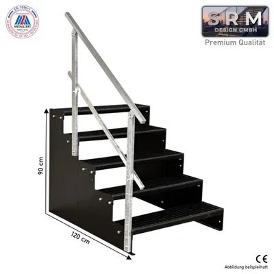 Produktbild von 5 Stufen Standtreppe Modell 2 komplett Schwarz, Breite 150 cm, Höhe 90 cm 1x Geländer Eckig
