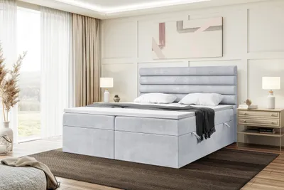 Produktbild von MEBLINI Boxspringbett mit Bettkasten - Gepolstert Doppelbett mit Matratze und Topper - Polsterbett mit Stauraum - Bett mit Kopfteil - Stauraumbett - KARIM - 200x220 - H3/Hellgrau Samt