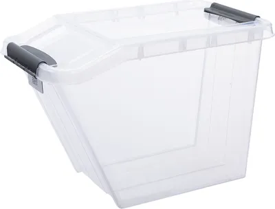 A clear, studio shot of a transparent plastic storage bin with gray handles.