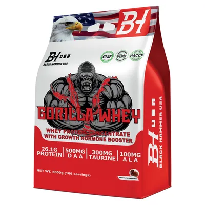 Produktbild von Gorilla Whey 5kg Schokolade – Protein mit Taurin, ALA & DAA für starke Muskeln Fitness Black Hammer USA