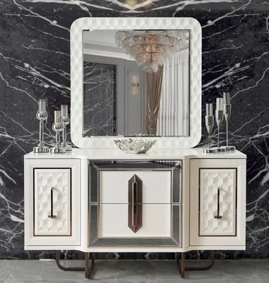 Produktbild von Casa Padrino Luxus Art Deco Schlafzimmer Set Weiß / Bronze - 1 Luxus Art Deco Schminkkommode & 1 Luxus Art Deco Spiegel - Art Deco Schlafzimmer Möbel - Luxus Schlafzimmer Möbel