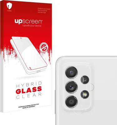 A product package for a screen protector is shown next to a close-up of a smartphone camera module with screen protectors applied.