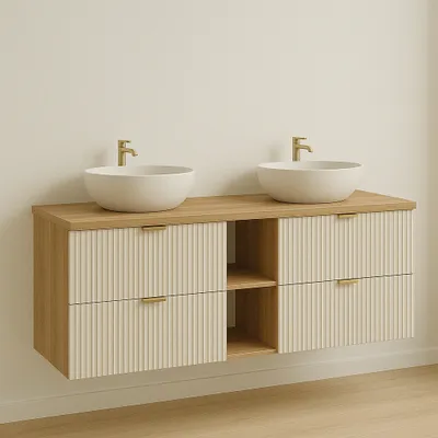 Produktbild von WENA Waschtischunterschrank 140 cm, geriffelte Fronten, Griffe aus Metall in der Farbe Gold (Farbe: Kaschmir, Eiche)