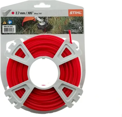 A spool of red trimmer line on a gray plastic holder, packaged in a cardboard backing with product information and a Stihl logo.