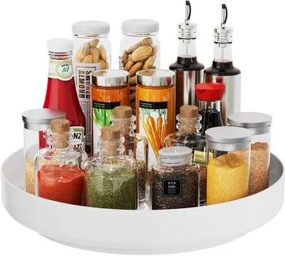 Produktbild von Unyqoos® 33 cm Drehteller-Organizer aus rostfreiem, wasserbeständigem Metall – 360° Kugellager, rutschfeste Drehscheibe für Küche, Bad & Kühlschrank