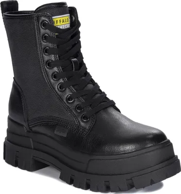 A black lace-up boot with a thick sole.