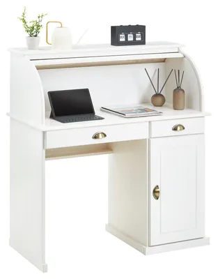 Produktbild von Sekretär TOM mit Rolladen, Weiß - Schreibtisch mit Stauraum, 2 Schubladen mit schönen Muschelgriffen, Landhausstil für Wohnzimmer und Büro
