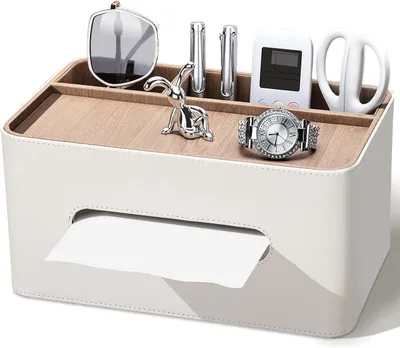 Produktbild von Beige Leder-Taschentuchbox, 2 Fächer, multifunktionaler Organizer für Büro/Zuhause/Badezimmer