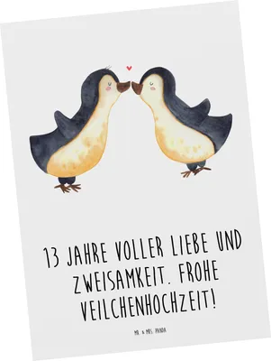 Produktbild von Mr. & Mrs. Panda Postkarte 13. Hochzeitstag Veilchenhochzeit - Weiß - Geschenk, Heiraten, Zweisamkeit, Ehemann, Ansichtskarten, Geschenke, glückliche Ehe, bildkarte