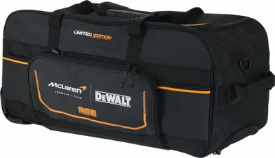 A black and orange tool bag with wheels.