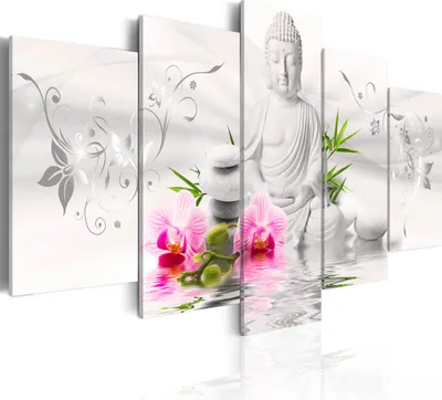 Produktbild von Wandbilder Buddha Blumen 150x75 cm 5 tlg – Bilder Wohnzimmer, Moderne Leinwandbilder, Leinwanddruck, Wanddeko Schlafzimmer b-A-0020-b-o